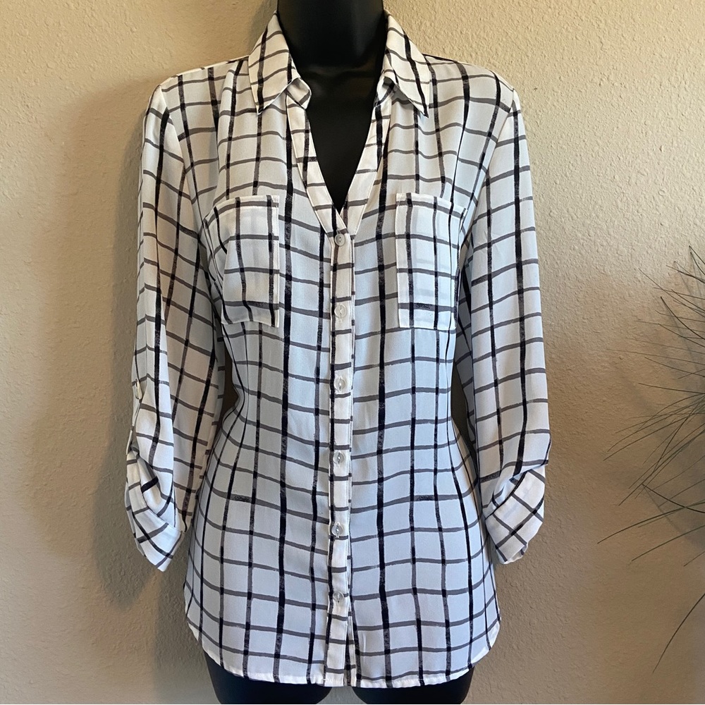 Black & White Windowpane blouse, by Iz Byer